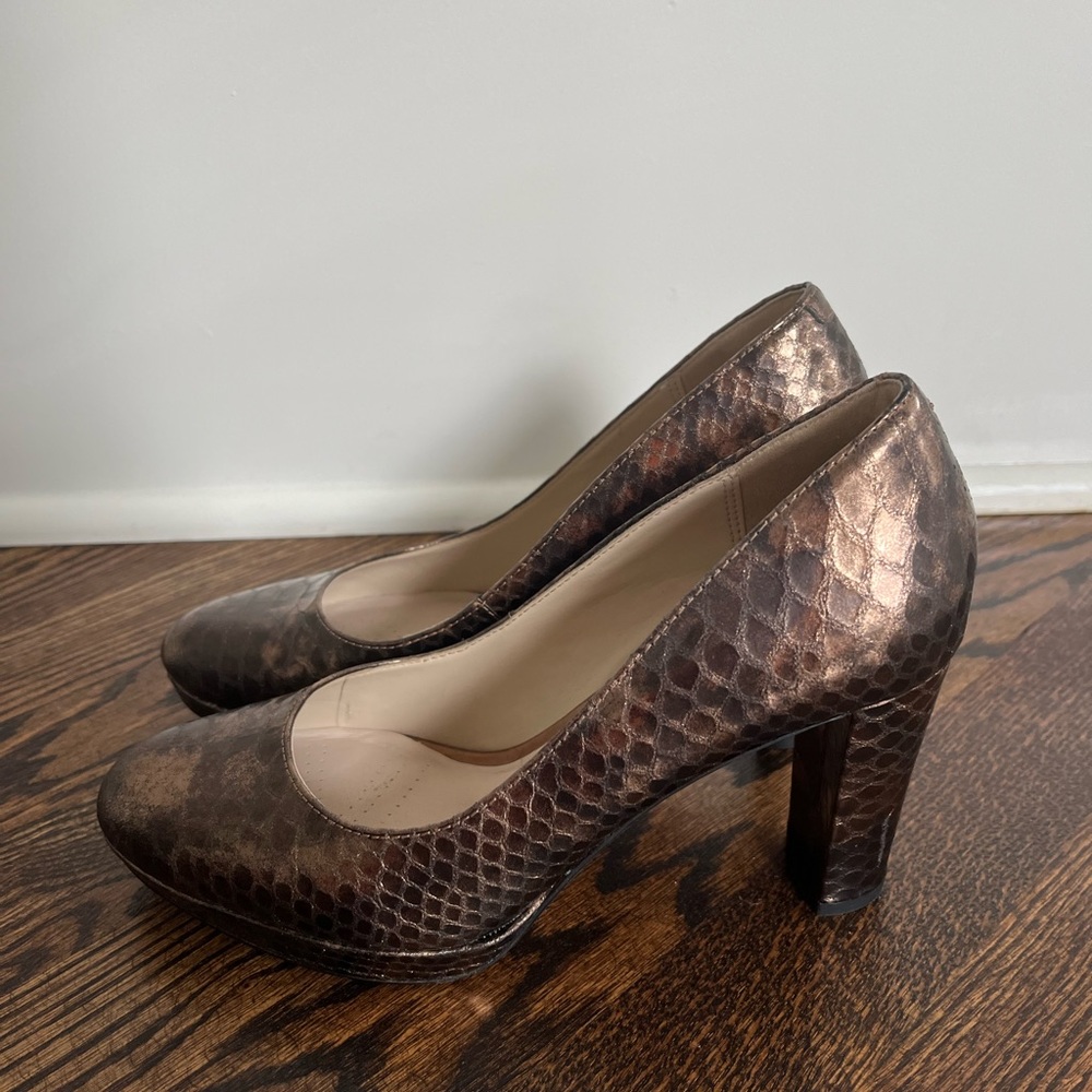 Clarks Bronze Snakeskin Heels size 6.5